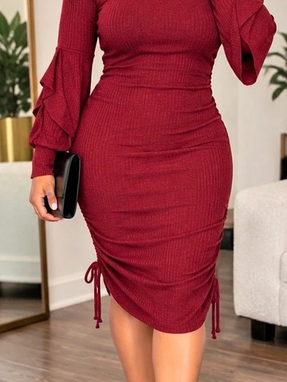 WIN WIN Large Burgundy Ruched Bodycon Midi Dress Ruffle Sleeve
